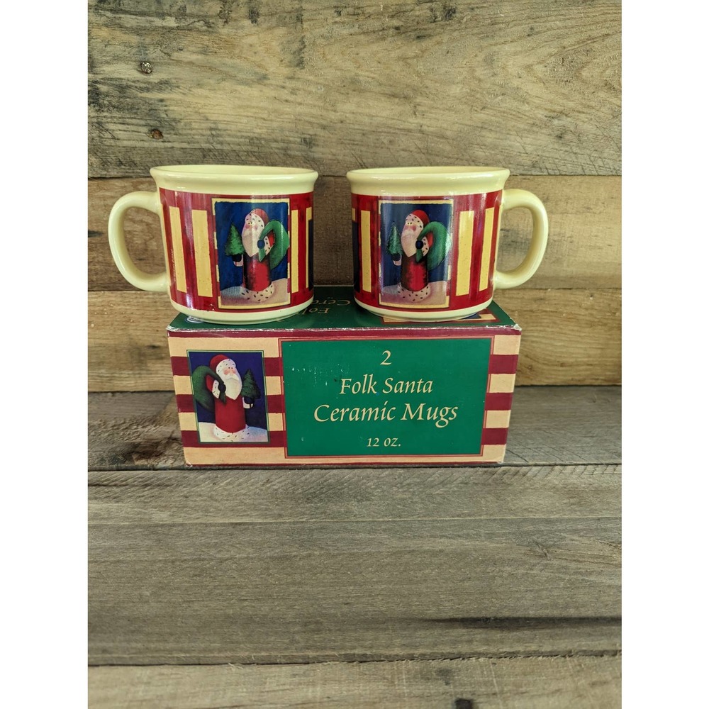 Vintage Set of 2 Folk Santa Ceramic 12 oz Mugs By Giftco
